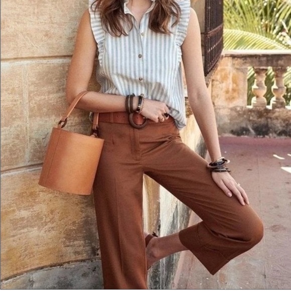 Sezane Patalon Jude Pant Trouser Coffee Brown Cropped Wide Leg - Picture 1 of 16